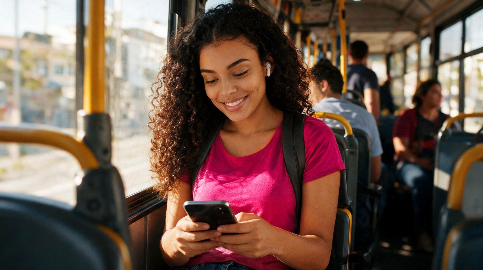 Mulher sorrindo enquanto usa o celular sentada em um ônibus